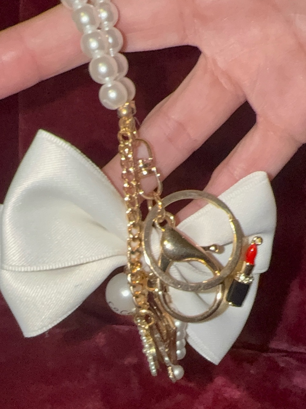 Handmade Pearl Bow Wristlet Keychain Charm Camellia Lipstick Gold Tone